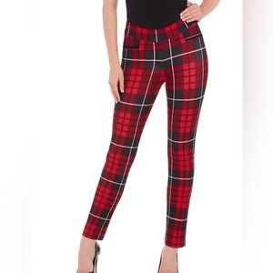 Peter Nygard Luxe Slims Plaid Pull-On Skinny Ankle Trouser Size M 10-12 Red Blue